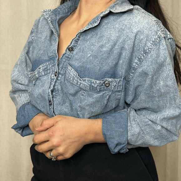vtg 80s Courtney Rhodes cotton blouse acid wash look button up retro medium - Picture 6 of 9
